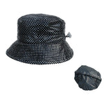 Proppa Toppa PT60 Felicity Black With White Spots Ladies Packable Rain Hat Also Shown Packed Into Its Own Lining To Form A Pouch