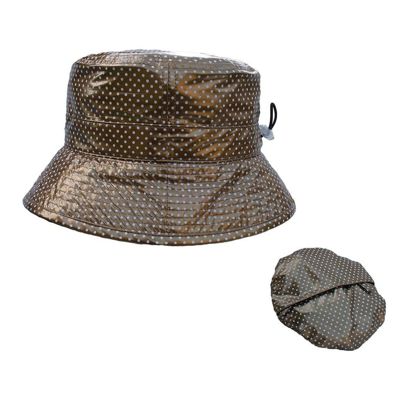 Proppa Toppa PT60 Felicity Gold With White Spots Ladies Packable Rain Hat Also Shown Packed Into Its Own Lining To Form A Pouch